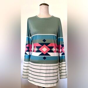 New w/tags, Small, Long sleeve top, sage stripes on cream base w/aztec designs.